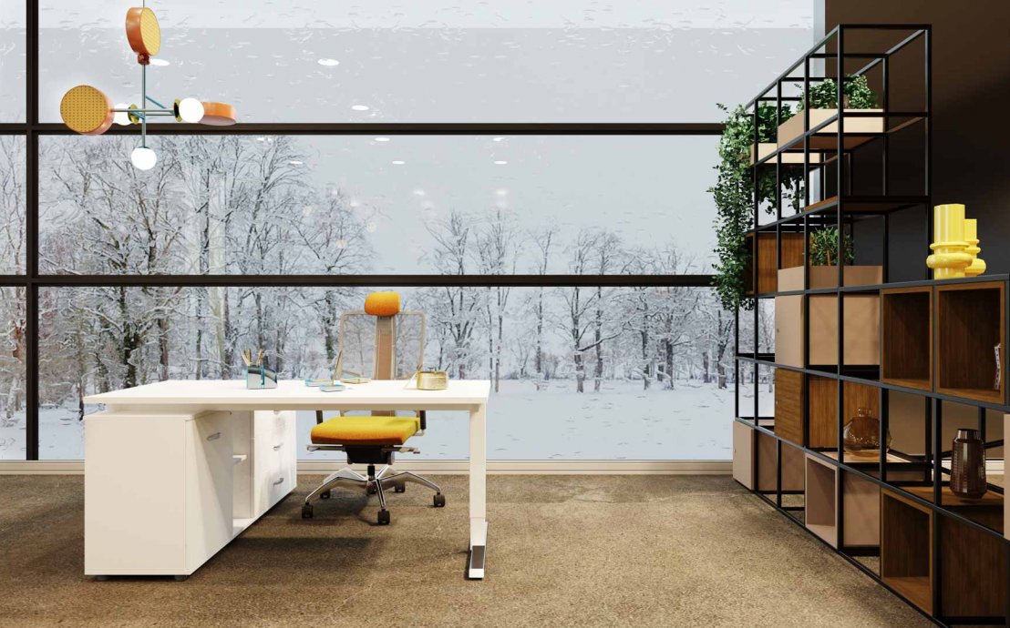 Moderne Büromöbel - Schreibtisch mit Unterbausideboard und modulares Regal